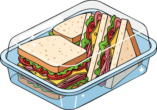 Cartoon illustration of a full lunch box with bread, cheese, and vegetables, isolated flat design.