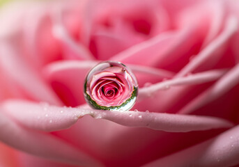 Macro water droplet reflecting butterfly and flower on green leaf, morning dew close-up with soft bokeh background