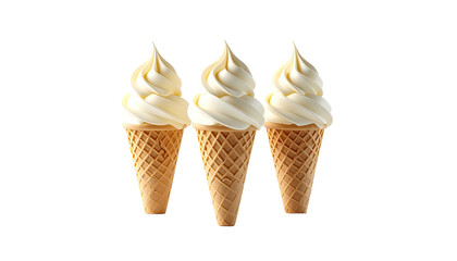 Three vanilla soft-serve ice cream cones, against a black background