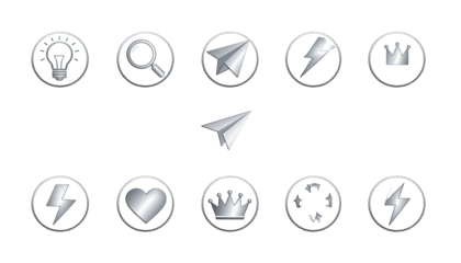Shiny metal icons on black background arranged in a grid pattern