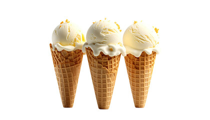 Three vanilla ice cream cones sit against a dark background