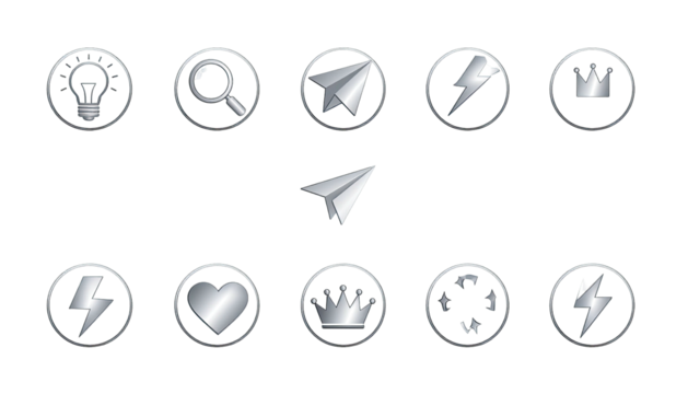 Shiny metal icons on black background arranged in a grid pattern