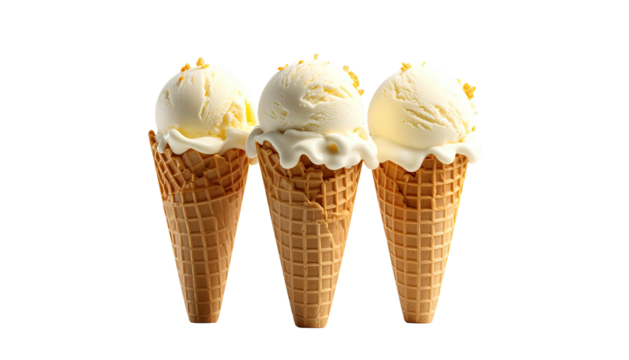 Three vanilla ice cream cones sit against a dark background