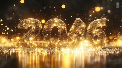 Golden 2046 new year celebration with sparkling glitter and bokeh lights on a dark reflective surface