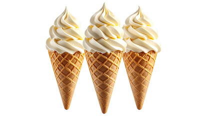 Three vanilla soft-serve ice cream cones lined up on black