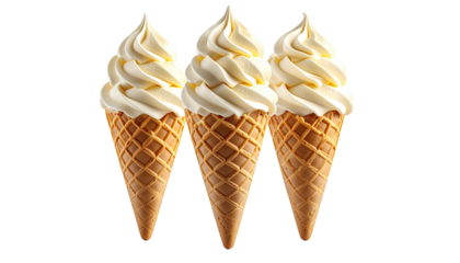 Three vanilla soft-serve ice cream cones lined up on black