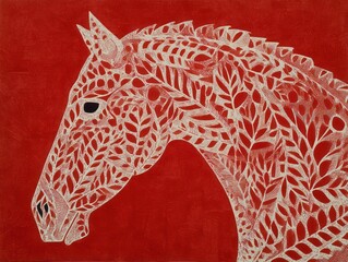 red horse head in a style of cut outs collage, artistic zodiac illustration