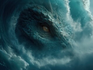 A hyper-detailed, huge, powerful water dragon spirals through the waves of a raging azure ocean