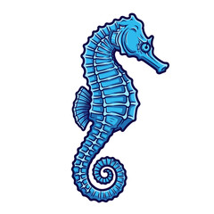Fototapeta premium Striking Blue Seahorse Standing Upright Isolated Against a Clean White Background