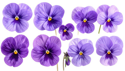 Eight purple pansy flowers with yellow centers. Isolated