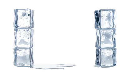 Ice cube stacks melting, isolated against a stark black background