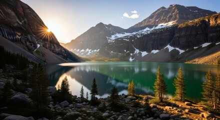 Scenic vista of a tranquil lake reflecting majestic peaks, bathed in golden sunlight
