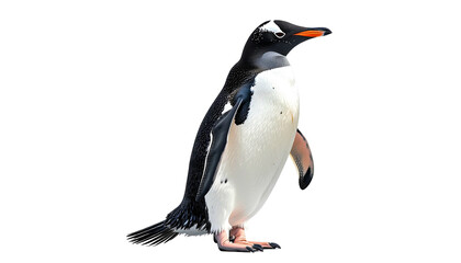 Gentoo penguin, stark white belly, orange beak stands isolated