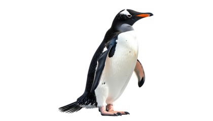 Gentoo penguin, stark white belly, orange beak stands isolated