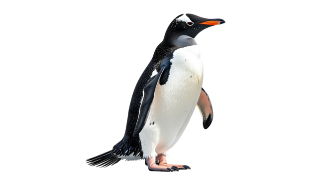 Gentoo penguin, stark white belly, orange beak stands isolated