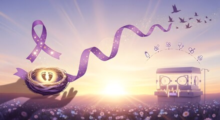 World Prematurity Day  Art of Hope with Baby Footprints and Purple Ribbon 