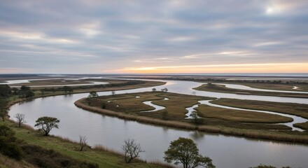 A winding river meanders through marshland beneath a cloudy sky at sunset