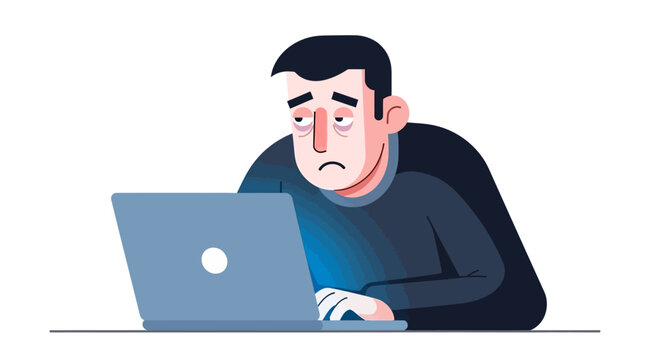 Character suffering from digital fatigue, hunched over a laptop, illuminated by blue light