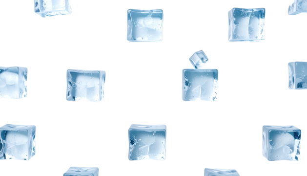 Floating translucent ice cubes against a solid black background