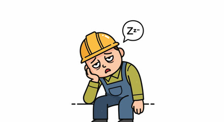 Cartoon construction worker exhausted at job, hard hat safety first and falling asleep at working