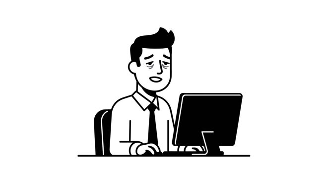 Man with tired eyes at his computer depicts work related stress and exhaustion