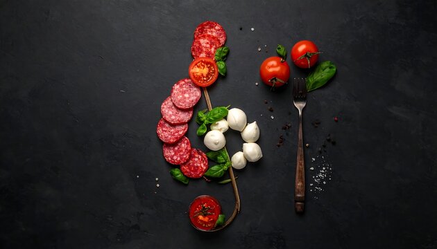 A creative arrangement on a black surface featuring a treble clef formed with salami, tomatoes, and mozzarella. A fork and ingredients complete the culinary scene