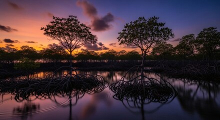 Naklejka premium Two trees with exposed roots reflect in still water under a vivid sunset sky
