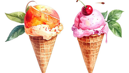 Two watercolor ice cream cones, pink and orange