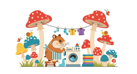 Fototapeta premium Whimsical Laundry Day in the Mushroom Forest: A Hamster's Domestic Adventure