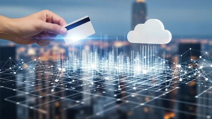 Holding Credit Card Over Digital Cityscape Connecting to Cloud - Powered by Adobe