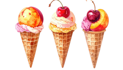 Three ice cream cones, each topped with fruit and cherry