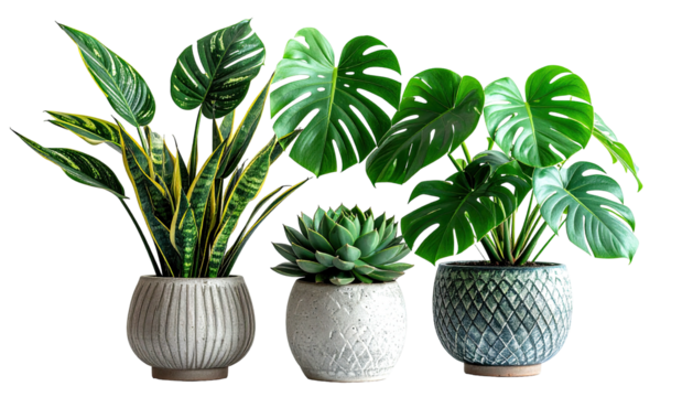 Three potted plants and succulent are displayed together