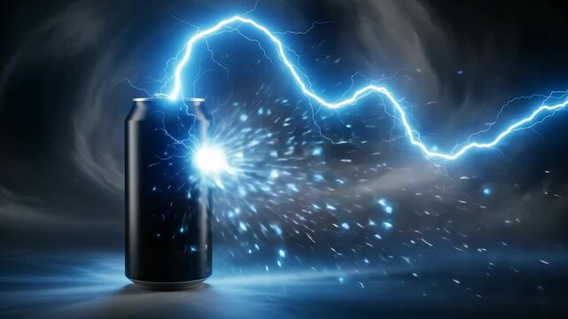 Energy drink can struck by lightning with blue sparks
