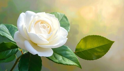 Pristine white rose blossom with delicate petals, contrasting with lush green leaves against a soft, blurred background