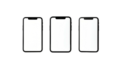 Three frameless smartphones with bright white blank screens