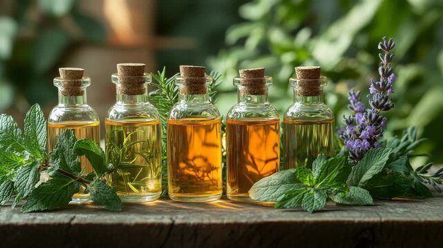 Set of glass bottles filled with essential oils placed among fresh green herbs and lavender, natural cosmetics, aromatherapy, wellness, and organic beauty care inspired by botanical ingredients.