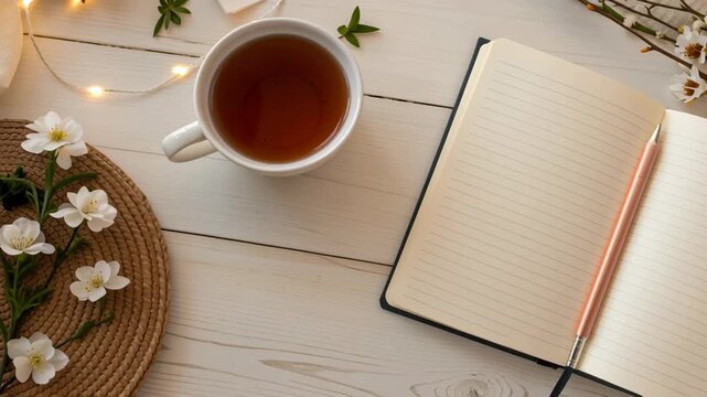 Harvest festival for mindfulness. Cozy Flatlay with Open Journal, Cup of Tea, Spring Flowers, and Pen Wooden Table Creating Warm and Inviting