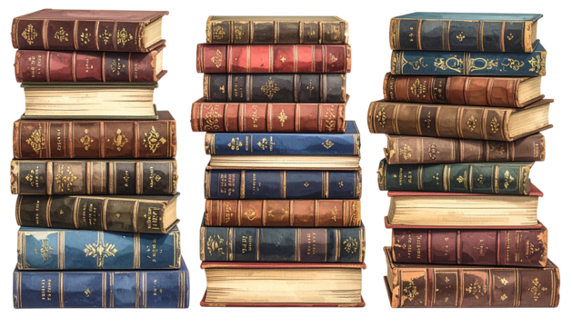 Stacked, aged, ornate books with different colored covers