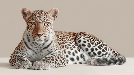 Fototapeta premium A detailed close up of a leopard lying down with its characteristic spotted fur clearly visible. The animal is positioned in a neutral studio environment against a plain background.