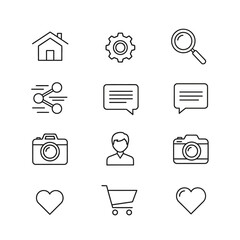 Collection of Minimalist Line Icons - Home, Settings, Search, Share, Chat, Camera, User, Cart, Heart.