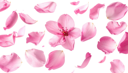 Pink flower and petals float against a stark black backdrop