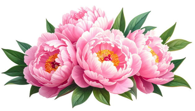 Pink peonies with green leaves, digitally rendered painting