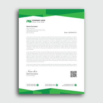 Modern letterhead design with green geometric accents and company logo