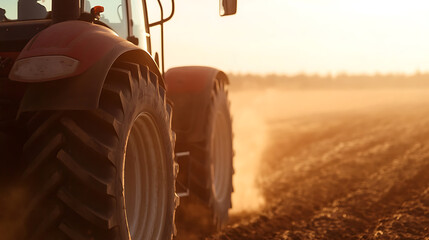 A red tractor drives across a field, kicking up dust in its wake. The sun is setting, casting a golden glow over the scene. Agriculture concept. Farm and industry.