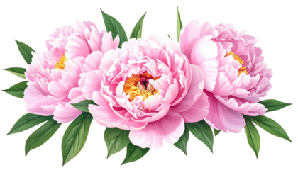 Trio of pink peonies with vibrant green leaves, soft and elegant