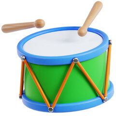 Realistic 3D Rendered Green and Blue Toy Drum with Drumsticks Illustration