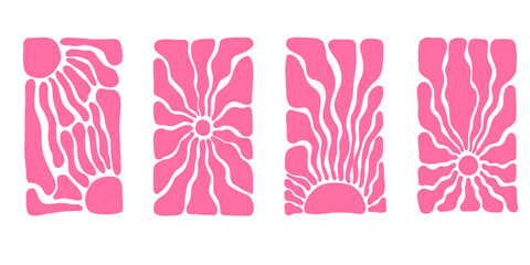 Abstract retro sunshine illustration with radial sun rays, groovy wavy lines and tones. Summer psychedelic design, vintage poster art with bright yellow sunlight and curves.