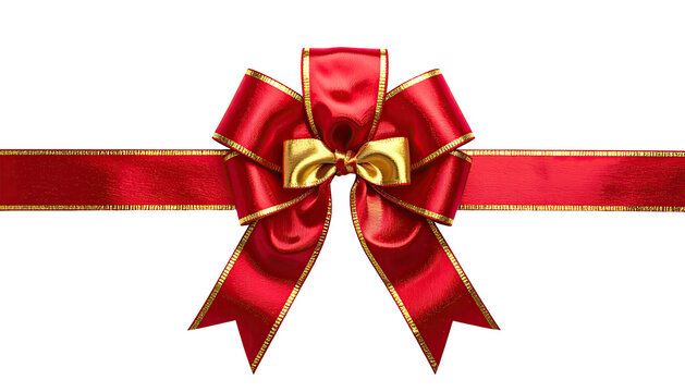 Shiny red ribbon with golden trim tied in a bow, dark background