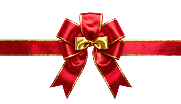 Shiny red ribbon with golden trim tied in a bow, dark background