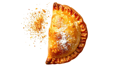 Baked turnover with sprinkled sugar, on black background